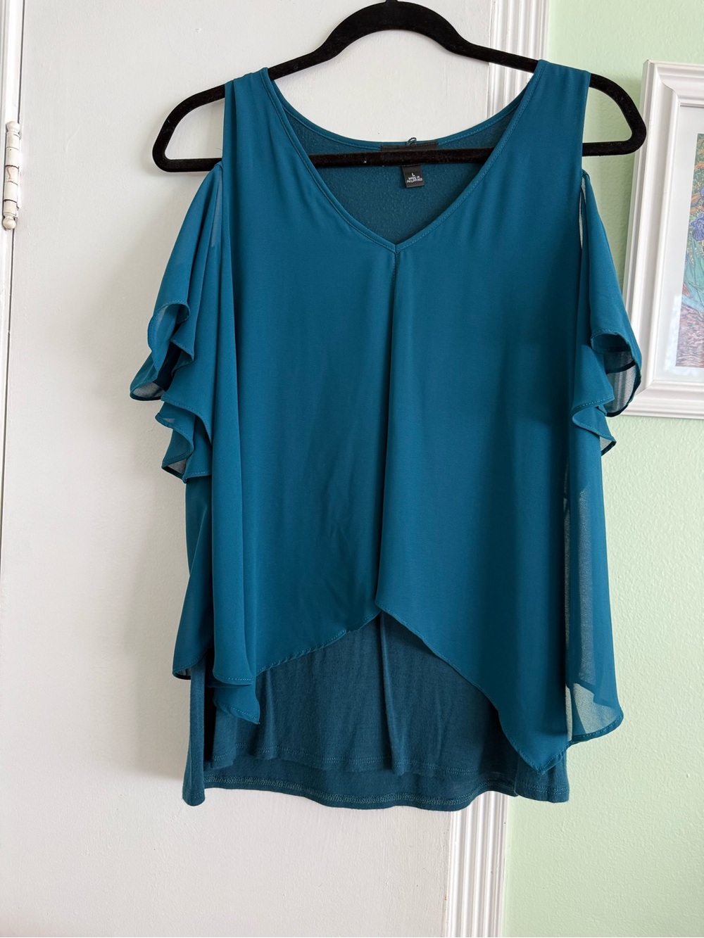 Women’s Teal Cold-Shoulder Ruffle V-Neck Blouse